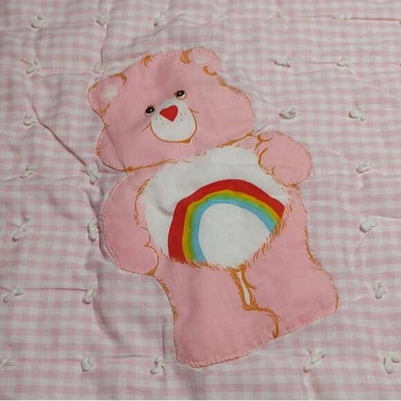 Vintage Care Bears Cheer Bear Applique Pink Gingham Lace Trim Baby Blanket - Picture 2 of 5